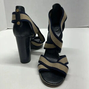 Tory Burch Laurie Criss Cross Elastic Strap Chunky Stacked High Heel Shoe 10